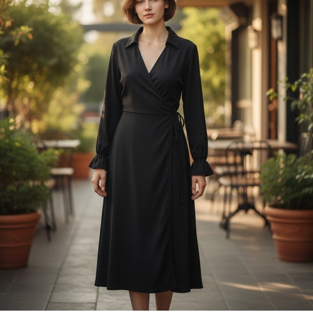 Amanda Smith Black Wrap Dress Size XL Collared Below the Knee